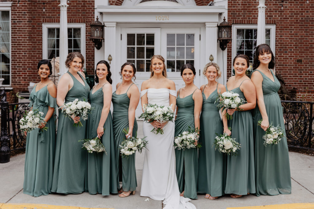 bridesmaids timeless wedding portrait in dusty sage dresses