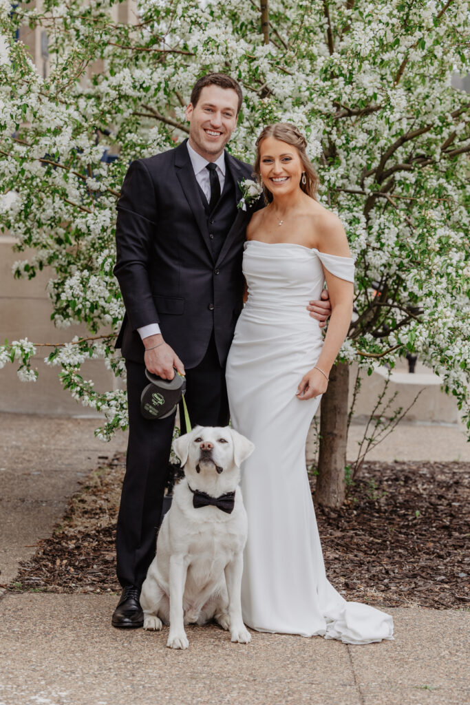 bride and groom classic timeless wedding portrait with dog