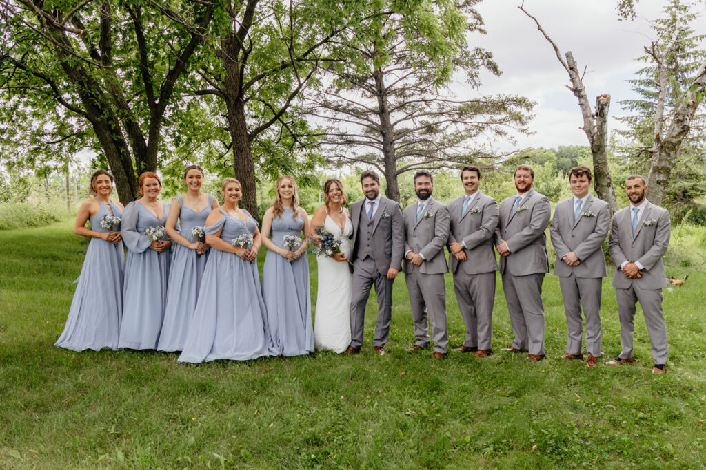 traditional wedding party portrait with light blue bridesmaid dresses and gray suits